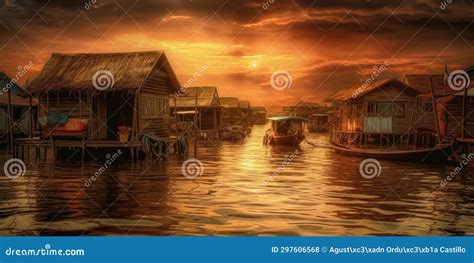 Sunset Over A Village On A River In Deep Cambodia Stock Photo Image