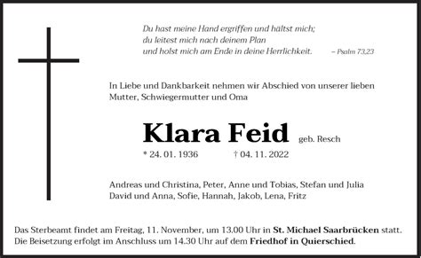 Traueranzeigen Von Klara Feid Saarbruecker Zeitung Trauer De