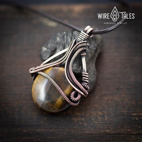 Tigers Eye Protection Necklace Wire Wrapped Pendant Copper Handmade