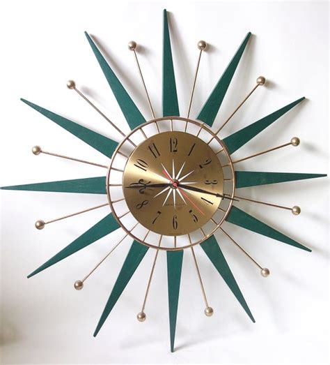 Retro Sunburst Starburst Teak Wood Westclox Wall Clock Green