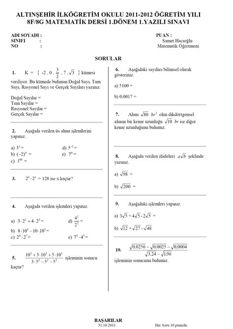 8 Sınıf Yazılı Soruları Matematik Samet Hoca