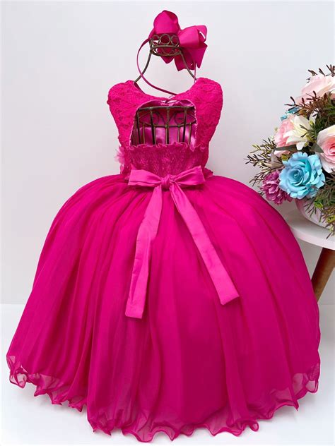 Vestido Infantil Pink Rendado Luxo Flores Em Aplique Elo