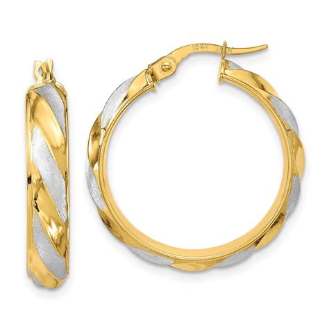 Auriga K Yellow Gold With Rhodium Textured Twisted Hoop Earrings For