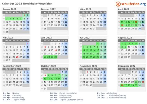 Kalender Ferien Nordrhein Westfalen Feiertage