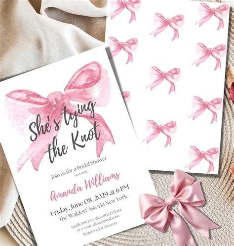 She S Tying The Knot Bridal Shower Invitation Template Editable Ribbon Pink Bow Bridal Shower