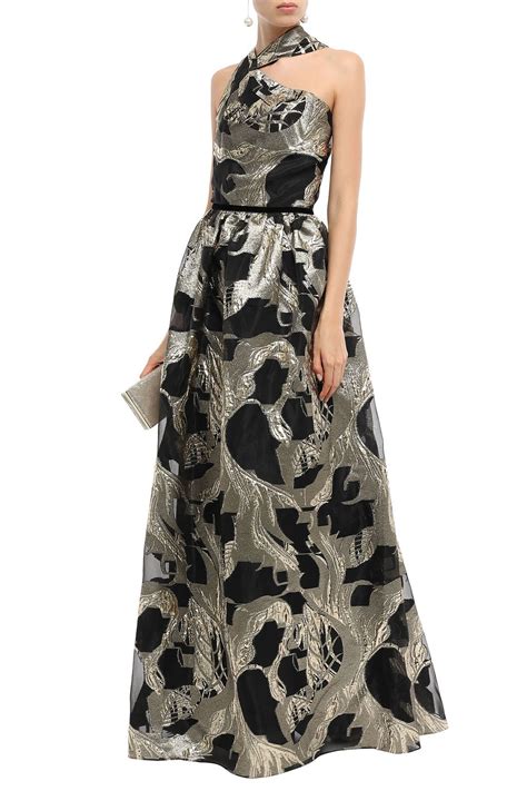 MARCHESA NOTTE Velvet trimmed metallic fil coupé organza gown THE OUTNET