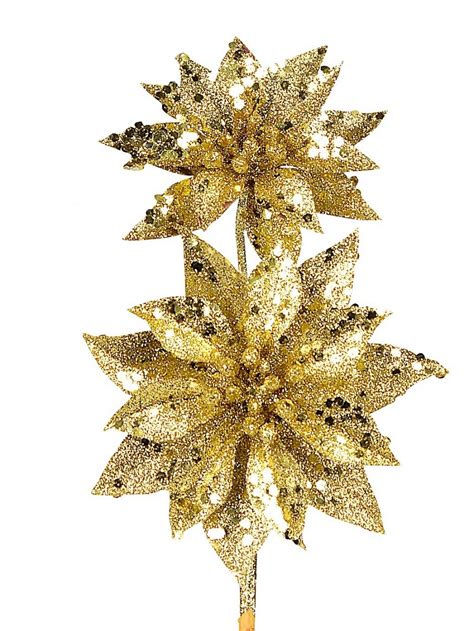 Gold Glitter Poinsettia Pick With Flowers On Single Stem Cm