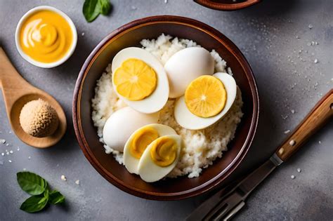 Premium AI Image | a bowl of rice with eggs and lemon slices.