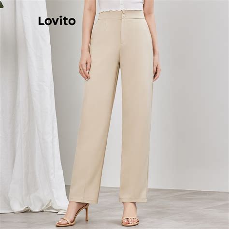 Lovito Elegant Plain Button Front Structure Line Pants For Women