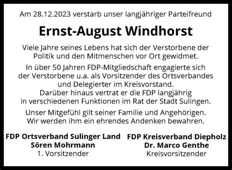 Traueranzeigen Von Ernst August Windhorst Trauer Kreiszeitung De