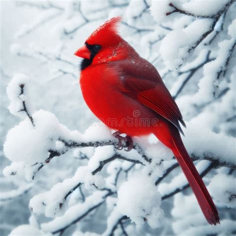 Red Cardinal Bird Perched on Snowy Branch in Winter Stock Illustration ...