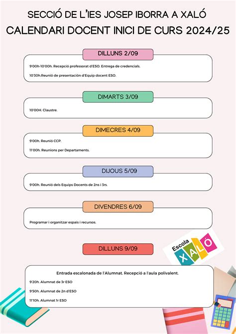 Calendari Docent Dinici Del Curs Per A La Secci De Lies