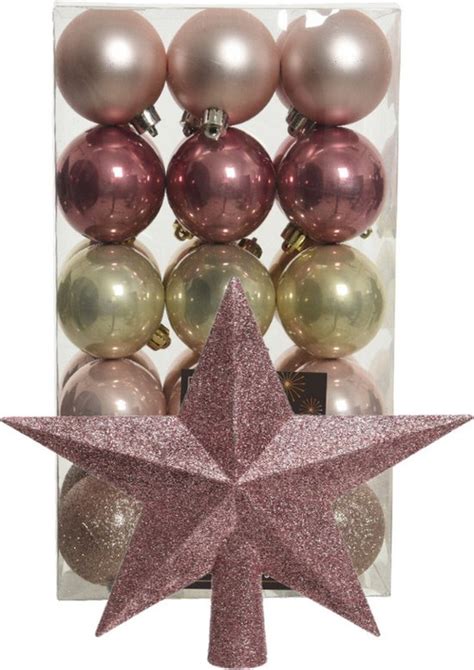 Kerstballen 30x St Roze Champagne 6 Cm Met Ster Piek Oudroze