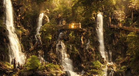 Rivendell Steampunk Waterfalls From Clif Dappled Golden Lighting