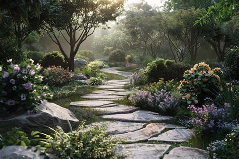 Premium Photo A Tranquil Garden With Winding Stone Pathways