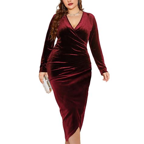 Tinstree Womens Plus Size Long Sleeve Velvet Bodycon Dresses Sexy Ruched Wrap Deep V Neck Party