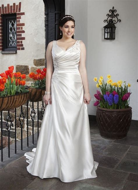 Timeless A Line Elastic Woven Satin V Neck Floor Length Plus Size Wedding Dress Wedding