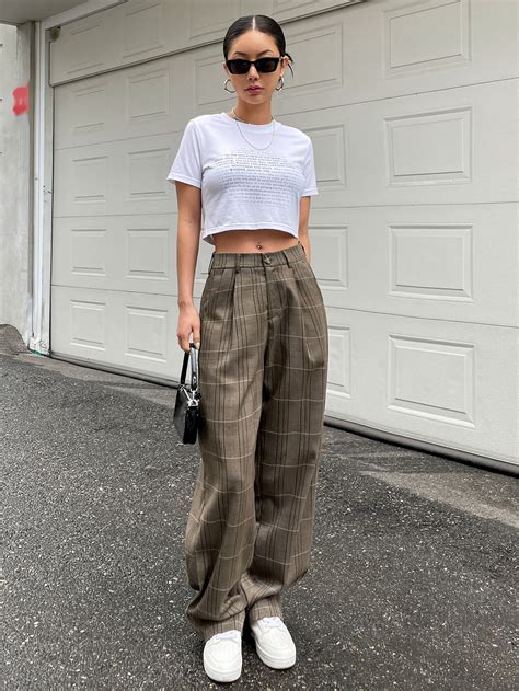 Dazy High Waist Wide Leg Plaid Pants Shein Eur