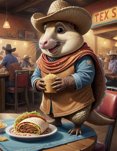 Armadillo Cowboy Enjoying Tex Mex Cuisine Stock Illustration