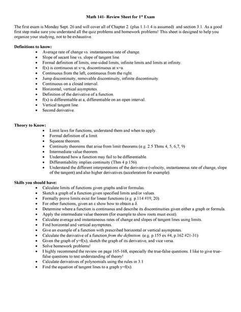 Exam1Review Sheet Review For Exam 1 Math 141 Review Sheet For 1st