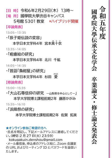 伝承文化学会 令和5年度卒業論文・修士論文発表会 國學院大學