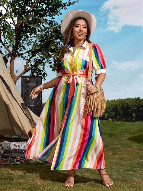 SHEIN VCAY Vestido Camisero De Rayas De Colores Con Bolsillo Con Solapa