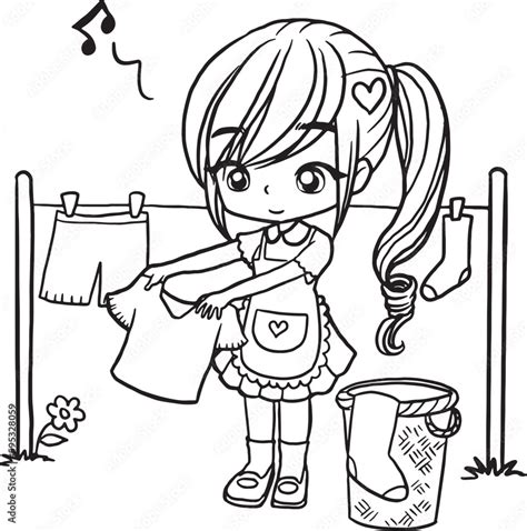 Girl Drying Clothes Cartoon Doodle Coloring Page Cute Drawing Clipart