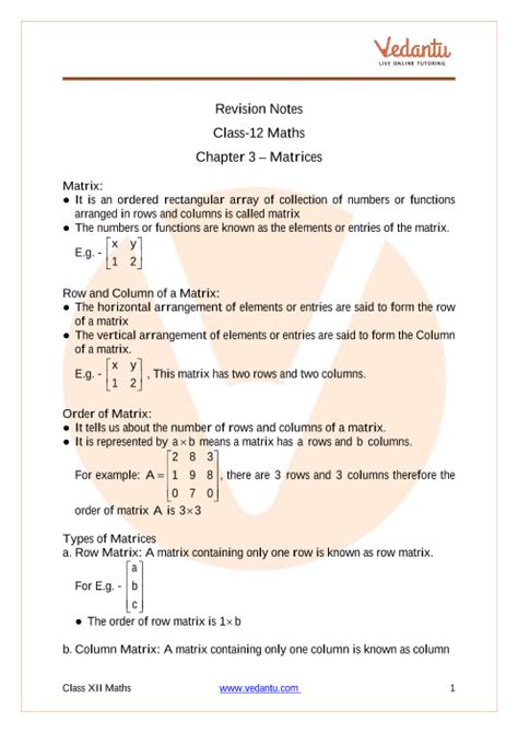 Matrices Class 12 Notes CBSE Maths Chapter 3 PDF