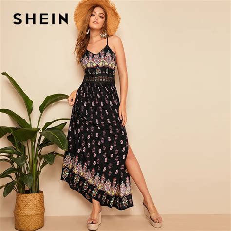 Shein Boho Black Paisley Print Lace Detail Waist Tribal Split Thigh