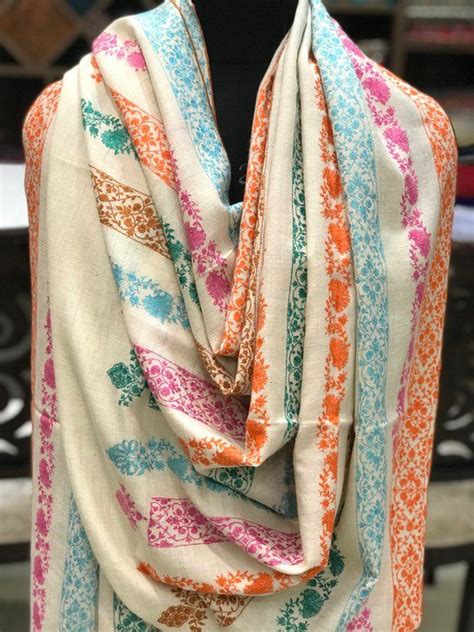 Pure Pashmina Shawl Wrap Hand Embroidery White Pure Cashmere Shawl