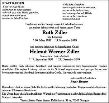 Traueranzeigen Von Ruth Und Helmut Werner Ziller Stuttgart Gedenkt De