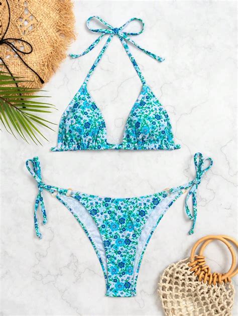 Shein Swim Ensemble Bikini Triangle Ras Du Cou Imprim Floral Petit