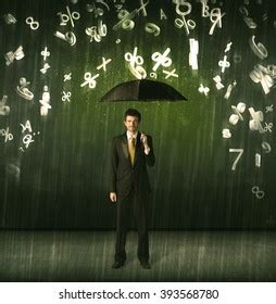 Businessman Standing Umbrella 3d Numbers Raining Stock Photo 393568780