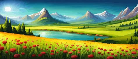 Panoramic Banner With Wild Multicolored Flower Field In Mountains On A