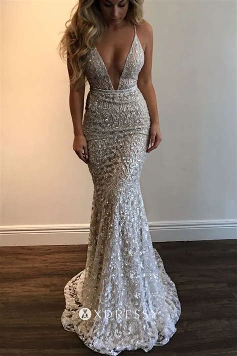 Ivory Lace Plunging V Neck Mermaid Formal Dress Xdressy