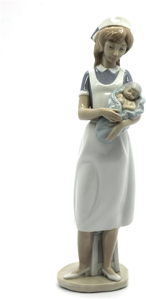 Nao Porcelain Nurse Figurine White And Pastel Blue Holding Baby Home
