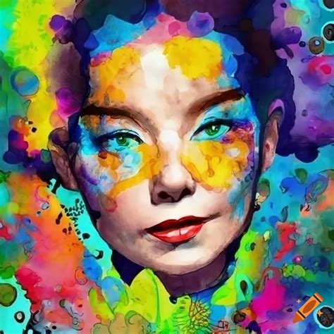 Colorful cartoon of bjork on Craiyon