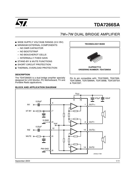 TDA7266SA: 7W+7W Dual Bridge Amplifier | PDF | Amplifier | Power Supply