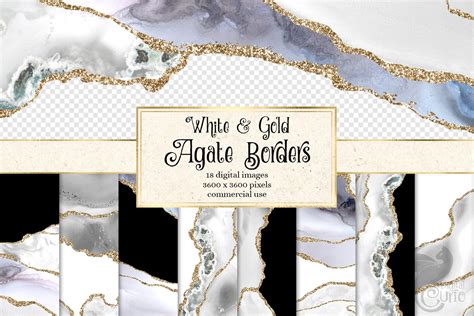 White And Gold Agate Borders Digital Watercolor Geode Png Etsy