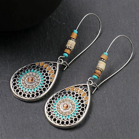 Indian Tribal Brass Hoop Earring Dangle Drop Earring Flower Lotus Gypsy