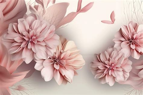 3d Illustration Mural Wallpaper Pink Flowers In Light Background For