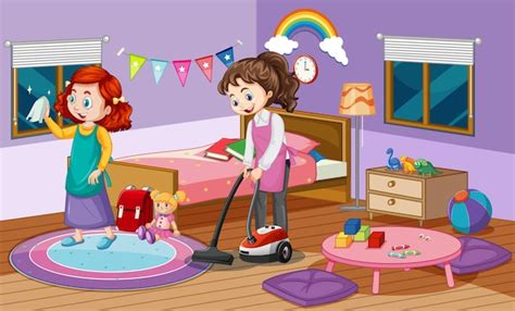 Premium Vector Indoor Scene With Two Girls Cleaning In The Bedroom