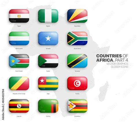 All African Countries Flags Vector 3d Rounded Glossy Icons Set Isolated