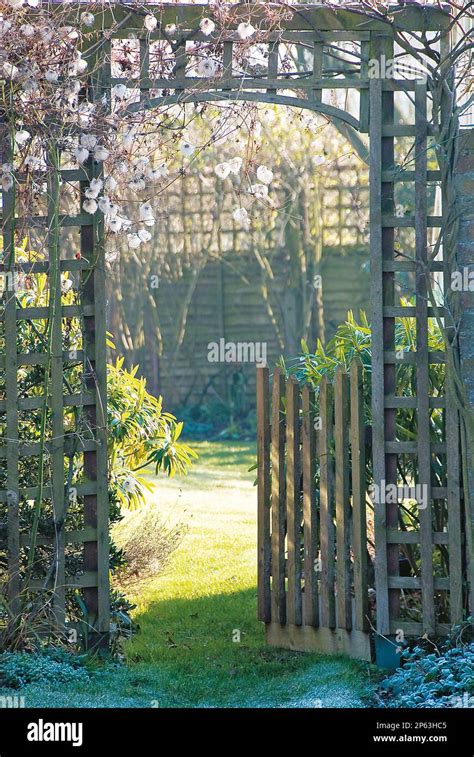Wooden Arch And Gate In Winter Garden Stock Photo Alamy
