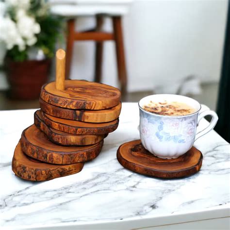 Olive Wood Rustic Coaster Set With Stand Wildwood Bude Cornwall