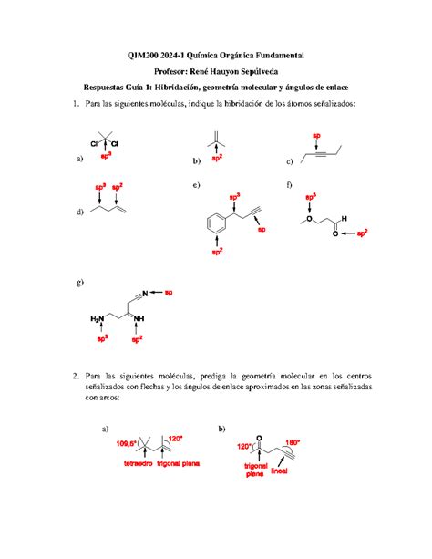 Respuestas Guía De Ejercicios 1 Hibridación Geometría Molecular Y