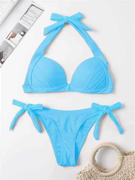 Shein Swim Vcay Solid Bikini Set Halter Push Up Bra Tie Side Thong Bottom Piece Bathing Suit