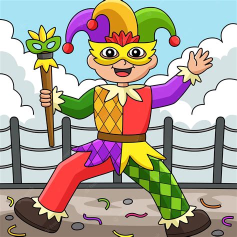 Premium Vector Mardi Gras Jester Boy With Baton Colored Cartoon