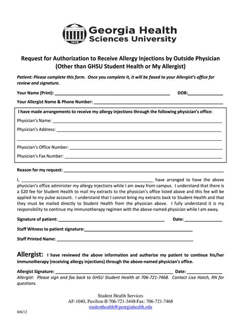 Allergy Clinic Authorization To Receive Injections Outside Form Fill