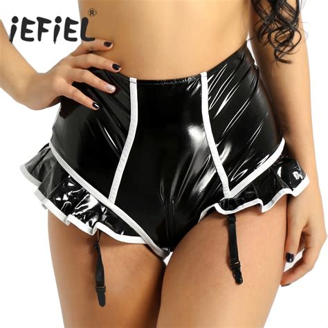 Womens Female Wetlook Sexy Lingerie Underwear Faux Leather Ruffled